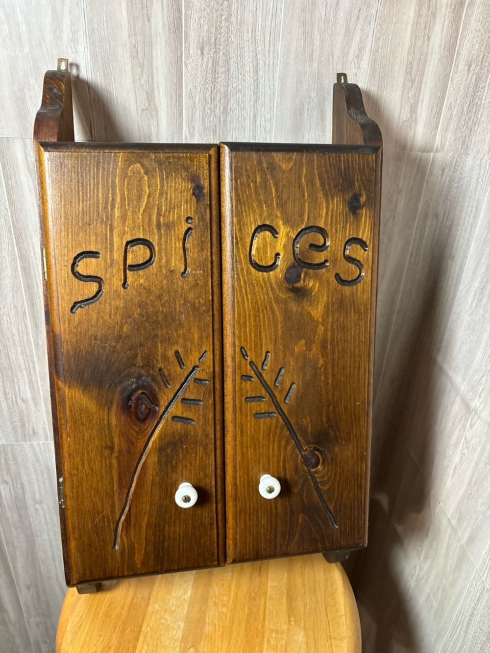 Rustic Early American Folk Art Handcrafted Wooden Spice Cabinet - Brown